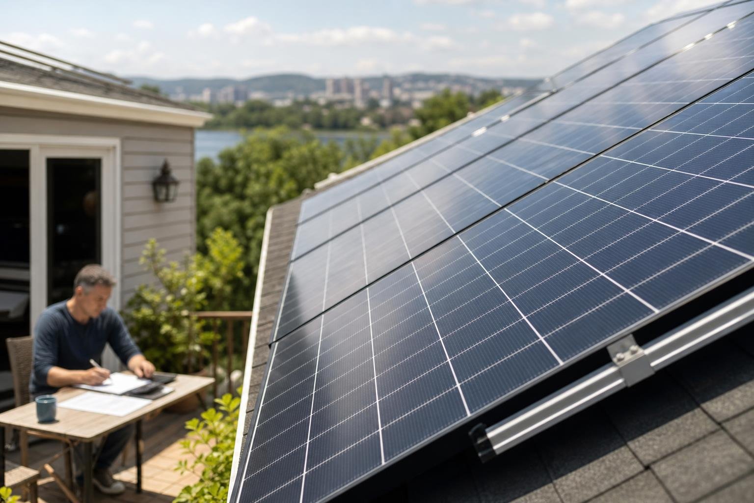Residential rooftop solar panels in the foreground with a homeowner reviewing paperwork in soft focus nearby, suggesting solar incentive planning.